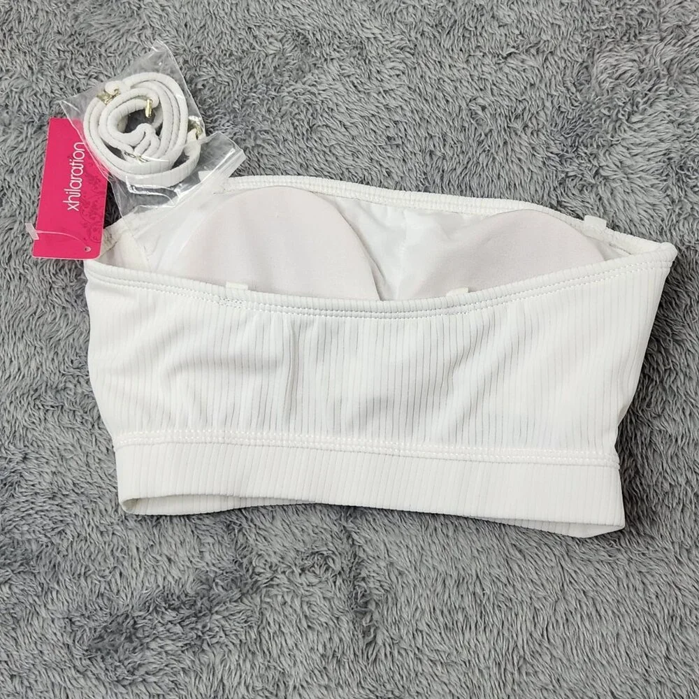 Xhilaration Swim Top XS‎ White Bandeau Ribbed Nylon Stretch Adjustable Straps
